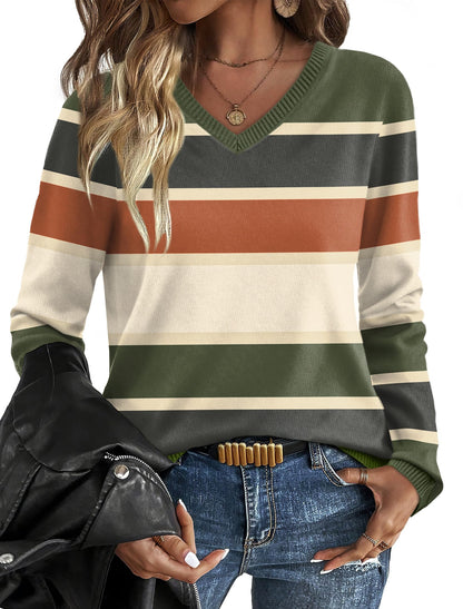 OFEEFAN Womens Sweaters Long Sleeve Shirts Fall Outfits 2025 V Neck Soft Knit Pullover Trendy Tops Dressy Casual Blouses