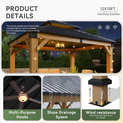 Aoxun 10' x 12' Outdoor Wood Gazebo, Hardtop Gazebo Permanent Wooden Pavilion with Galvanized Steel Double Roof, for Patio, Garden, Deck, Cedar Wood, Natural