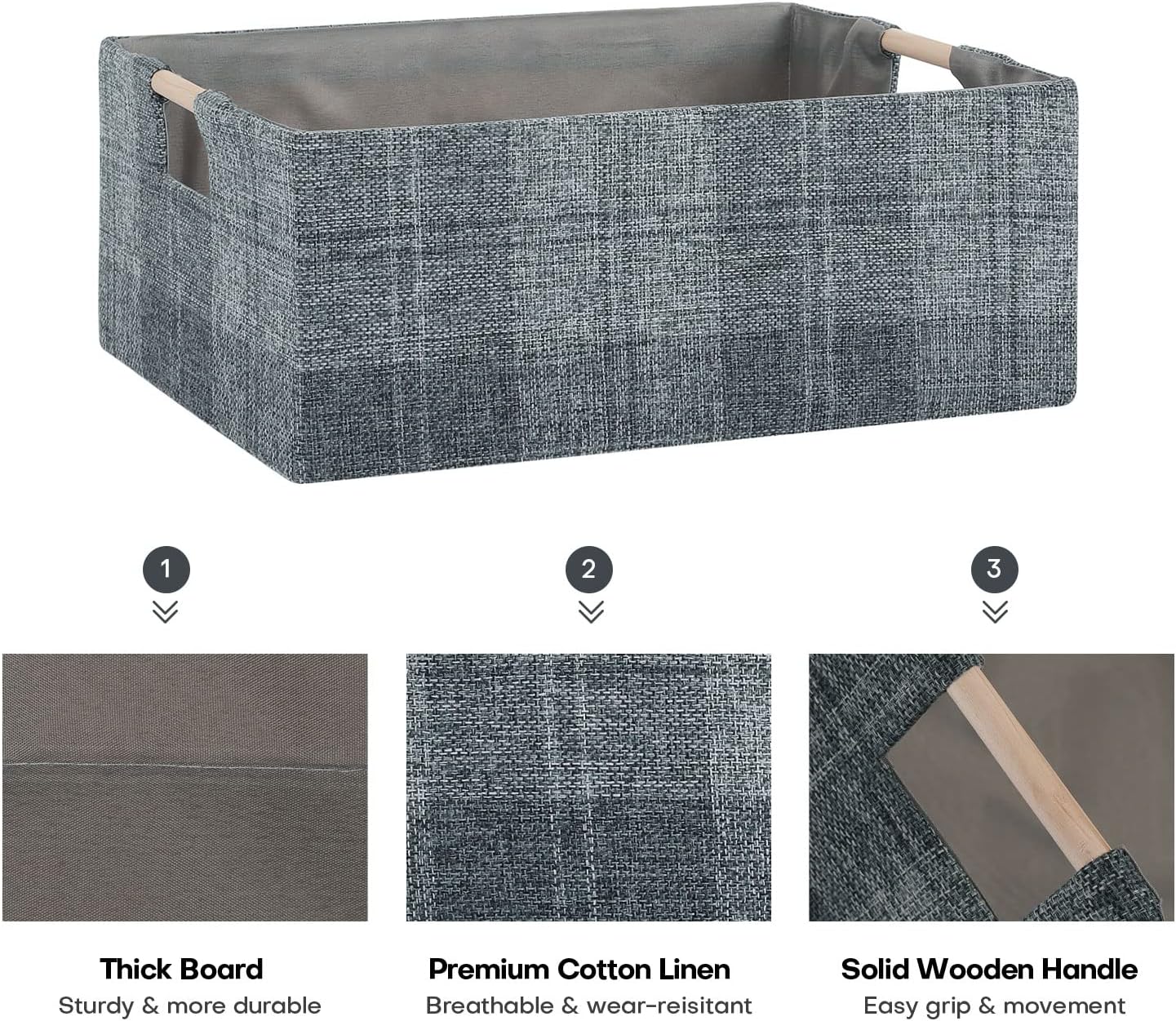 Fabric Storage Bin Box, Collapsible Cotton Linen Cube with Wooden Handles - Decorative Organizer for Clothes and