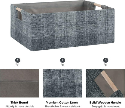 Fabric Storage Bin Box, Collapsible Cotton Linen Cube with Wooden Handles - Decorative Organizer for Clothes and