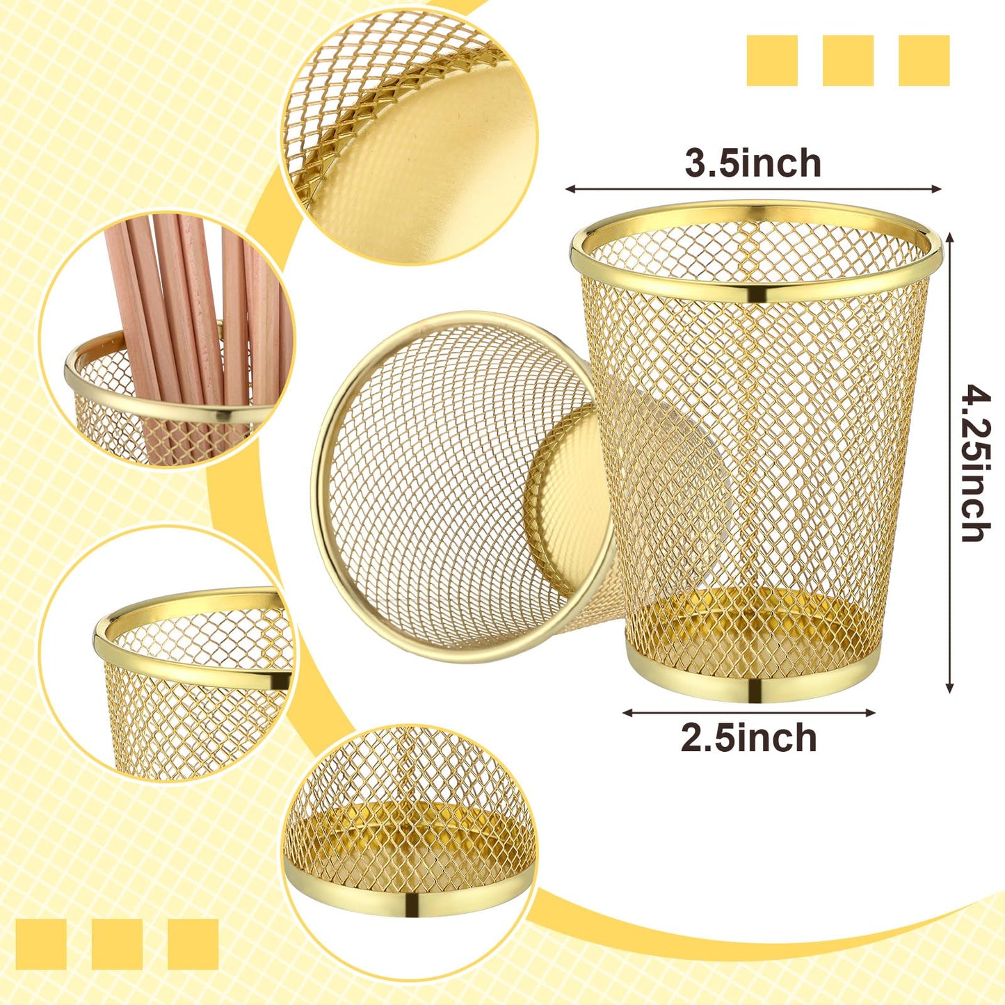 Poola Voidra 6 Pcs Gold Mesh Pen Holders Bulk Metal Pencil Makeup Brushes Cups Back to School Supplies Round Golden Organizer Golden for Desk Home Office Classroom Students Teachers Staff