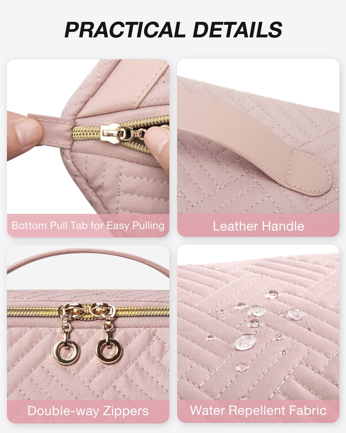 BAGSMART Makeup Bag, Travel Cosmetic Bags Water-resistent Makeup Case for Women Portable Pouch Open Flat Make Up Organizer for Toiletries, Brushes, Pink