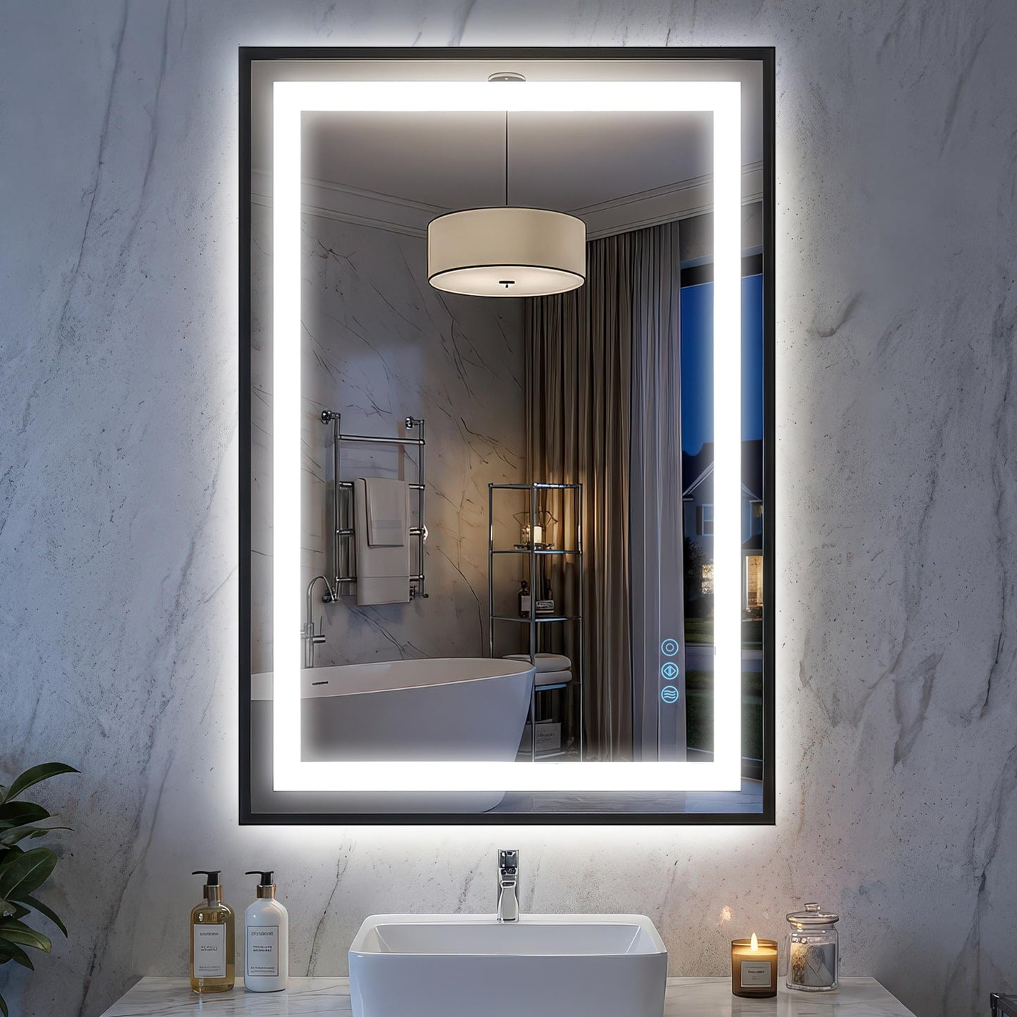 Antok 24X36 LED Bathroom Mirror with Lights, Vanity Mirror for Wall with Black Frame, Touch Control, Anti-Fog, Dimmable Lights, Shatter-Proof, Memory Function, Wall-Mounted Vanity Mirrors