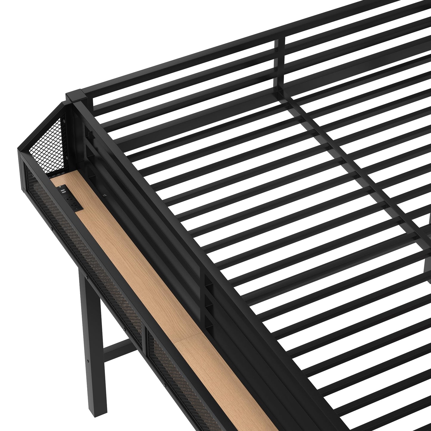 Bellemave Queen Size Loft Bed with Storage Stairs, Beside Shelves and Wardrobe, Queen Metal Loft Bed Frame with USB Ports and LED Lights, Large Under-Bed Space, for Adults,Teens,Boys,Girls, Natural