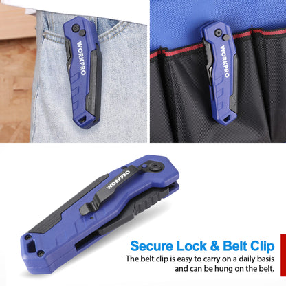 WORKPRO Folding Utility Knife, Quick Change Box Cutter, Razor Knife for Cartons, Cardboard, Boxes, Blade Storage in Aluminum Handle, 13 Extra Blades Included (Blue)