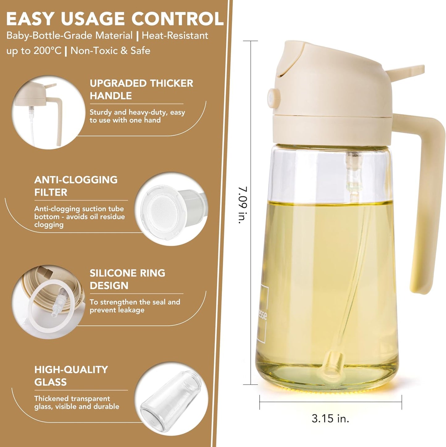 2 1 16oz/470ml in Oil Dispenser and Oil Sprayer for Cooking, Glass Olive Oil Dispenser Bottle Kitchen Gadget & Air