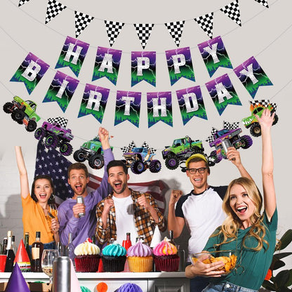 Pasimy 4 Pcs Monster Truck Birthday Banner Cars Truck Garland Black and White Checkered Flags Pennants Green Purple Happy Birthday Bunting Racing Car Theme Party Decorations Supplies