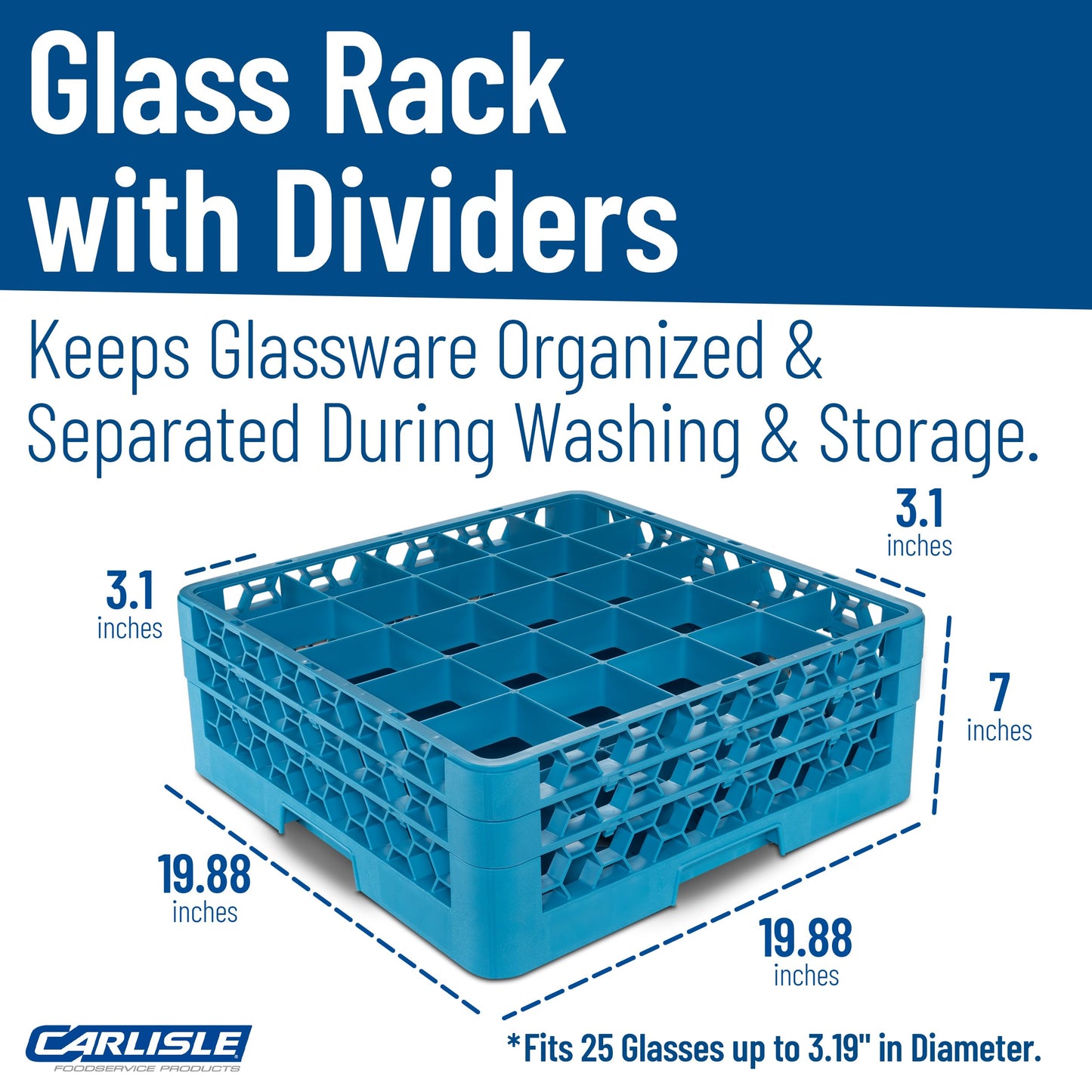 Carlisle FoodService Products OptiClean Plastic 25-Compartment Divided Glass Rack with Extender, Blue, (Pack of 3)