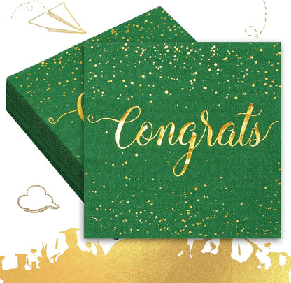 Whaline Graduation Cocktail Napkins - 80 Pack Green & Gold Foil Congrats Design | Disposable Tableware