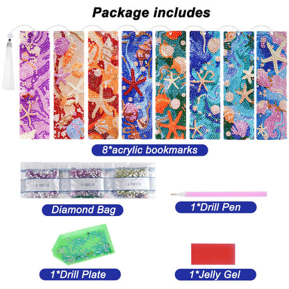 cnomg Diamond Art Bookmarks Kit for Adults 8 Pack Ocean Sea Shell Diamond Painting Bookmarks with Tassels 5D DIY Gem Art Bookmark Set for Craft Lovers Reading Gifts for Book Lovers Women