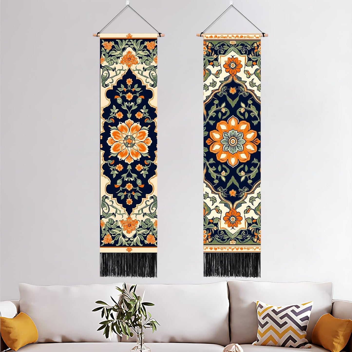 2 13"x51", BVBOX PCS Vertical Floral Tapestry Ottoman Aesthetic Long Vertical Wall Hanging Black Tassel Tapestries Home