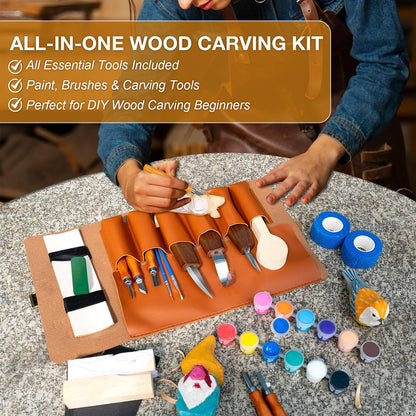 Wood Carving Kit, 37pcs Wood Carving Tools with 12 Color Paint, Wood Whittling Kit with 4pcs Templates & Users Guide for Beginners37Pcs Wood Carving Kit with Storage Bag