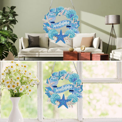 MXJSUA Wreath Seashells Starfish Diamond Painting Art Window Suncatchers, Diamond Art Kits for Adults Hanging Ornaments with Chain, 5D Special Shape Crystal Diamond Pendant Accessories for Decor Gift