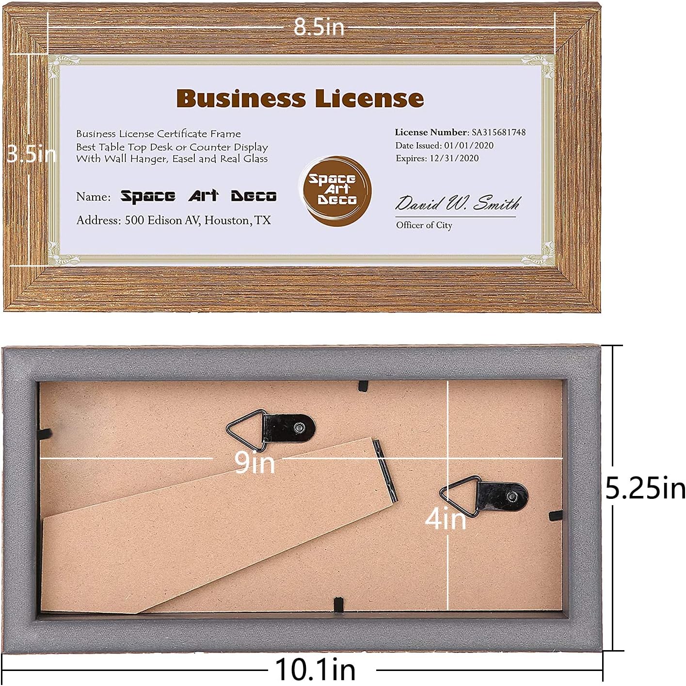 Space Art Deco, 4x9 Gold Textured Frame for Business License/Certificates, Tempered Glass, 1-Pack