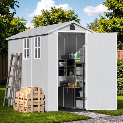 Devoko 4×8 FT Resin Storage Shed with Floor, Garden Plastic Outdoor Shed with Window and Lockable Door, Waterproof Outside Tool shed for Backyard Patio, Light Grey