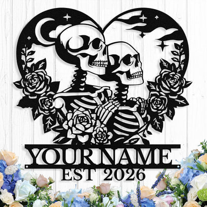 Personalized Skeleton Couple Metal Sign, Custom Skull Couple Name Sign Wall Decor Romantic Skull Lovers Wall Art Gothic Wedding Decor Personalized Wedding Valentine's Day Gift for Couples