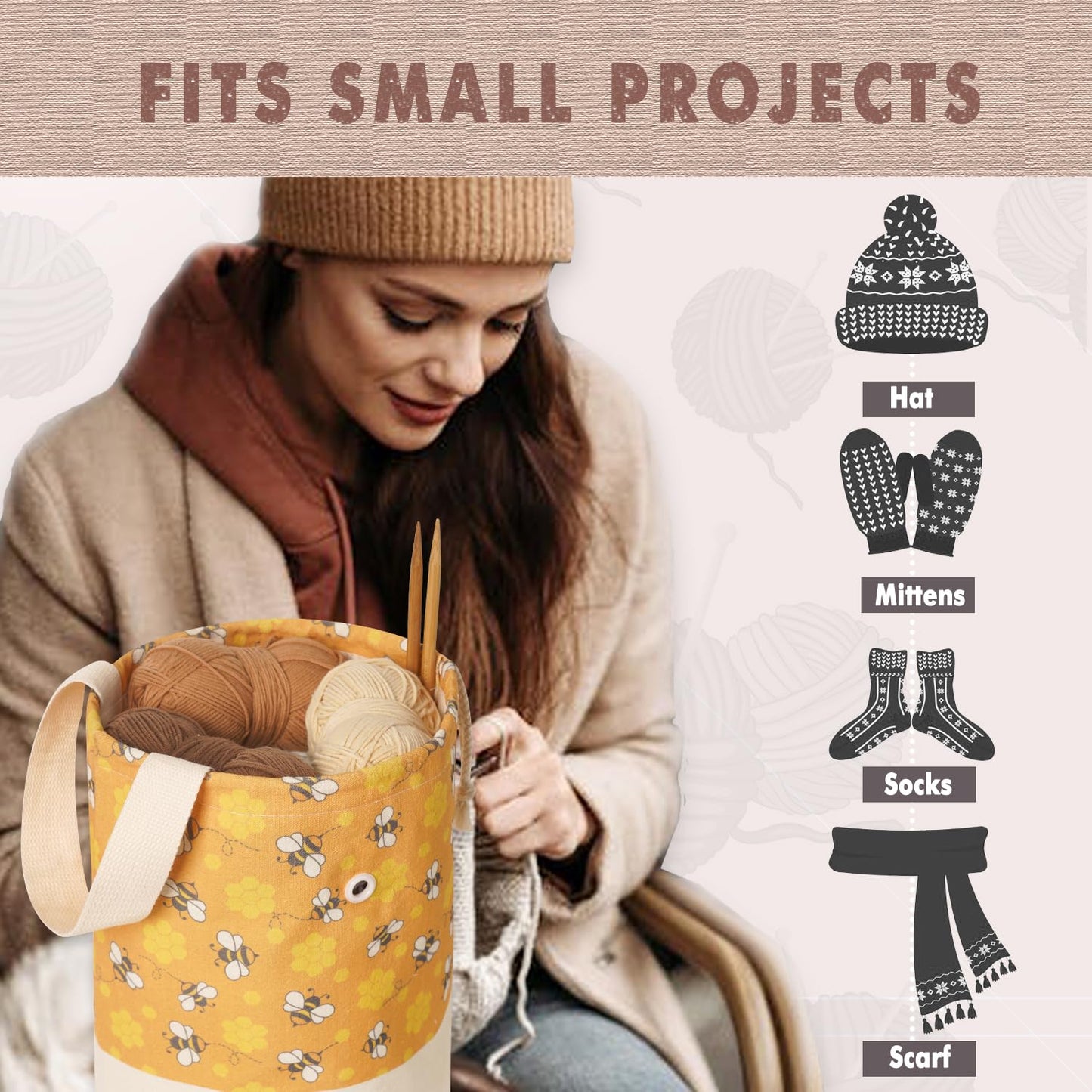 TOGETRUE Yarn Bag, Knitting Crochet Bag, Portable Yarn Storage Bags Organizer for Crocheting Project, Store Skein Ball, Short Knitting Needle (Large, Bees)