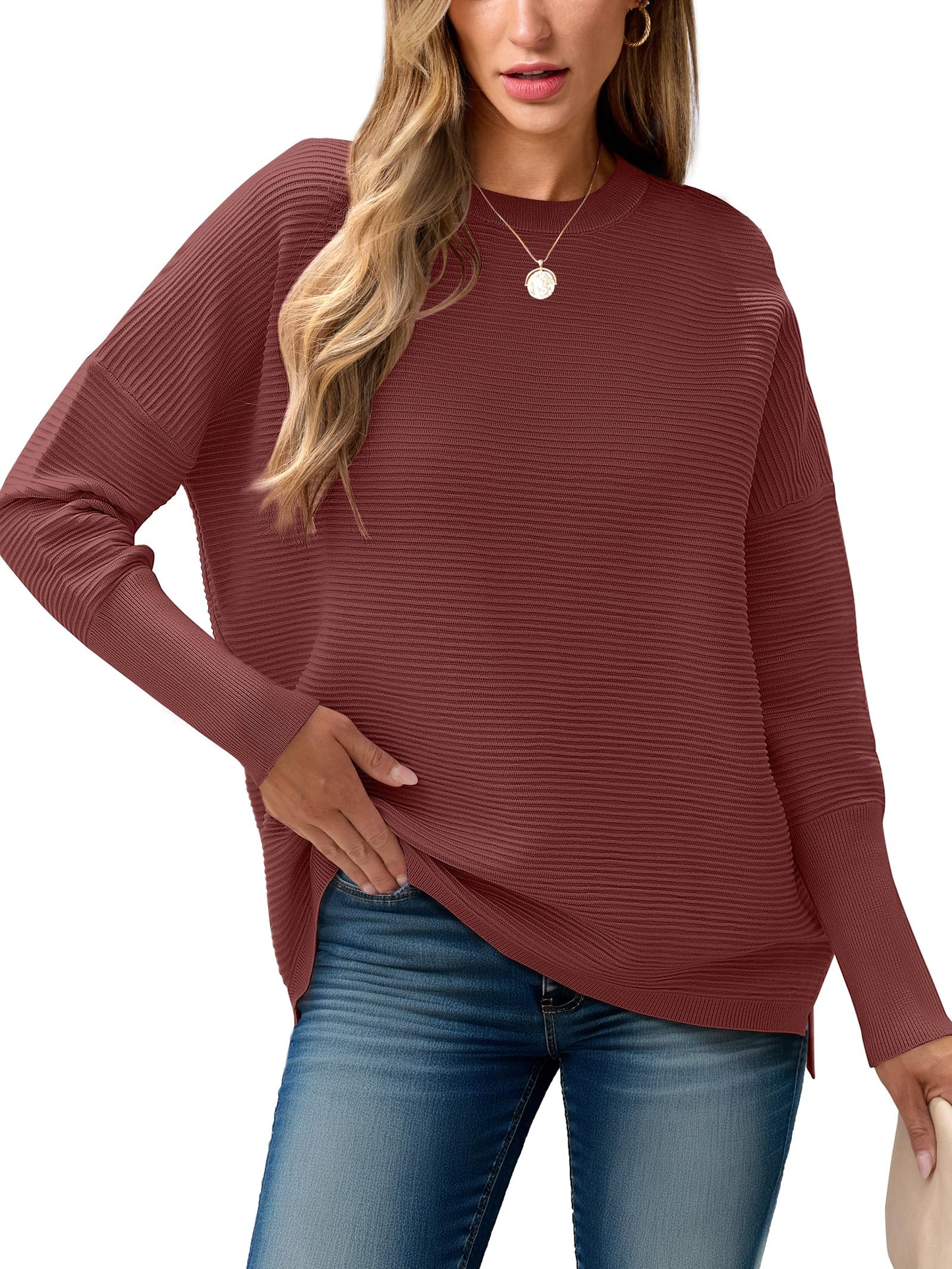 ANRABESS Womens Oversized Batwing Long Sleeve Ribbed Knit Sweaters 2025 Fall Outfits