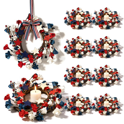 8 Pcs Mini 4th of July Candle Ring Wreaths Patriotic Red White and Blue Artificial Pillar Candle Holder Wreath for Farmhouse Independence Day Memorial Day Porch Front Door Cabinets Table Decoration