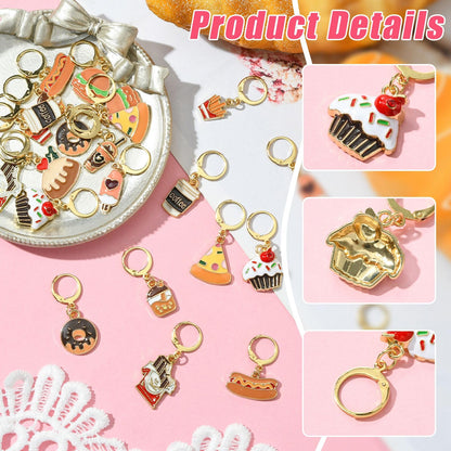 Gythara 24 pcs 12 Style Fast Food Theme Alloy Enamel Stitch Markers Coffee Tea Drink Hamburger Cake Donut Leverback Earring for Knitting Crocheting DIY Jewelry Craft Bag Decoration