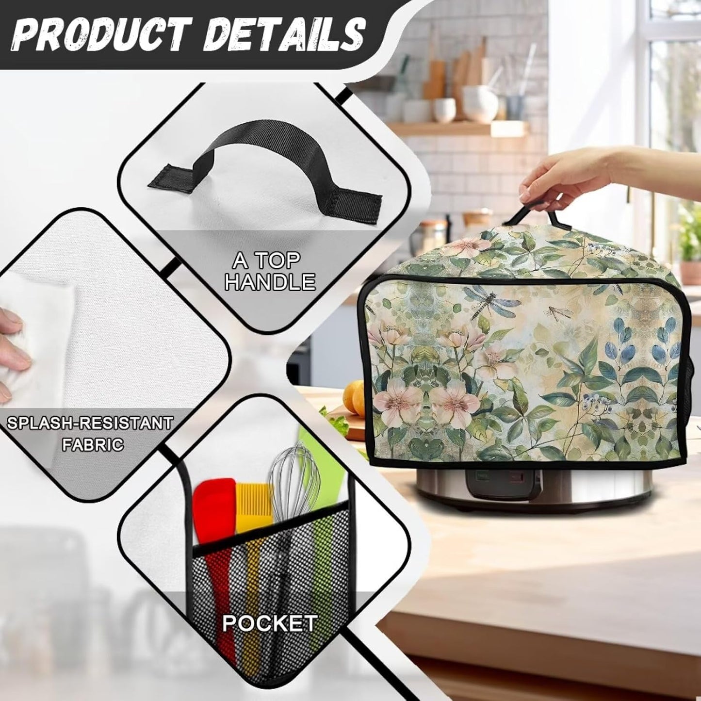 Floral Slow Cooker Cover with Mesh Pocket and Top Handle, Small Appliance Cover for Kitchen Home Decor Accessories