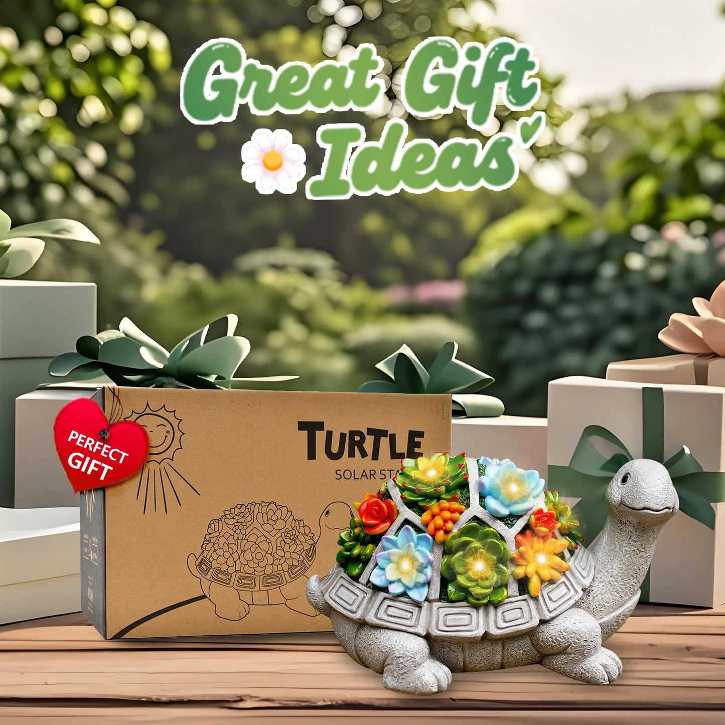 Nacome Solar Garden Outdoor Statues Turtle with Succulent and 7 LED Lights - Lawn Decor Tortoise Statue for Patio, Balcony, Yard Ornament - Unique Housewarming Gifts