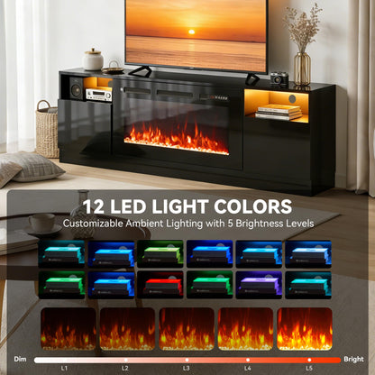 OneBlis 70" Fireplace TV Stand with 36" Electric Fireplace, LED Light Entertainment Center for TVs Up to 80", High-Gloss Door, Modern TV Console for Living Room with Storage Cabinet, Black+Black