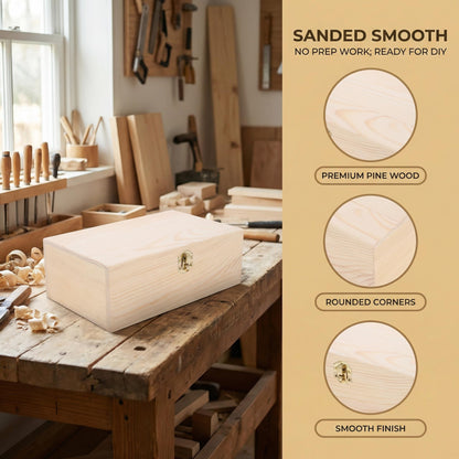 VOSAREA Unfinished Wood Box with Hinged Lid – 9.8" Large Wooden Storage Box with Locking Clasp for DIY Crafts, Jewelry Organizer, Keepsake Memory Case & Home Decor Projects (Natural Pine)