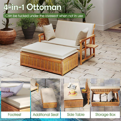 LDAILY Moccha Acacia Wood Outdoor Daybed - Wooden Loveseat Sofa with 4-Level Backrest, Storage Ottoman, Cushions, Outside Sunbed, Double Bed Lounger for Backyard Porch Pool Patio Furniture Set