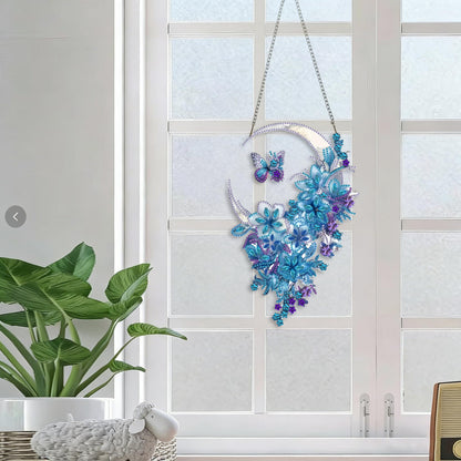 STGLCR Hanging Diamond Art Kits for Adults Pendant Moon, Special Shaped Crystal DIY Flower Diamond Painting Kit for Begginer, Acrylic Board Foral Moon Pendants for Home Decor 11.92 Inch Butterfly Blue
