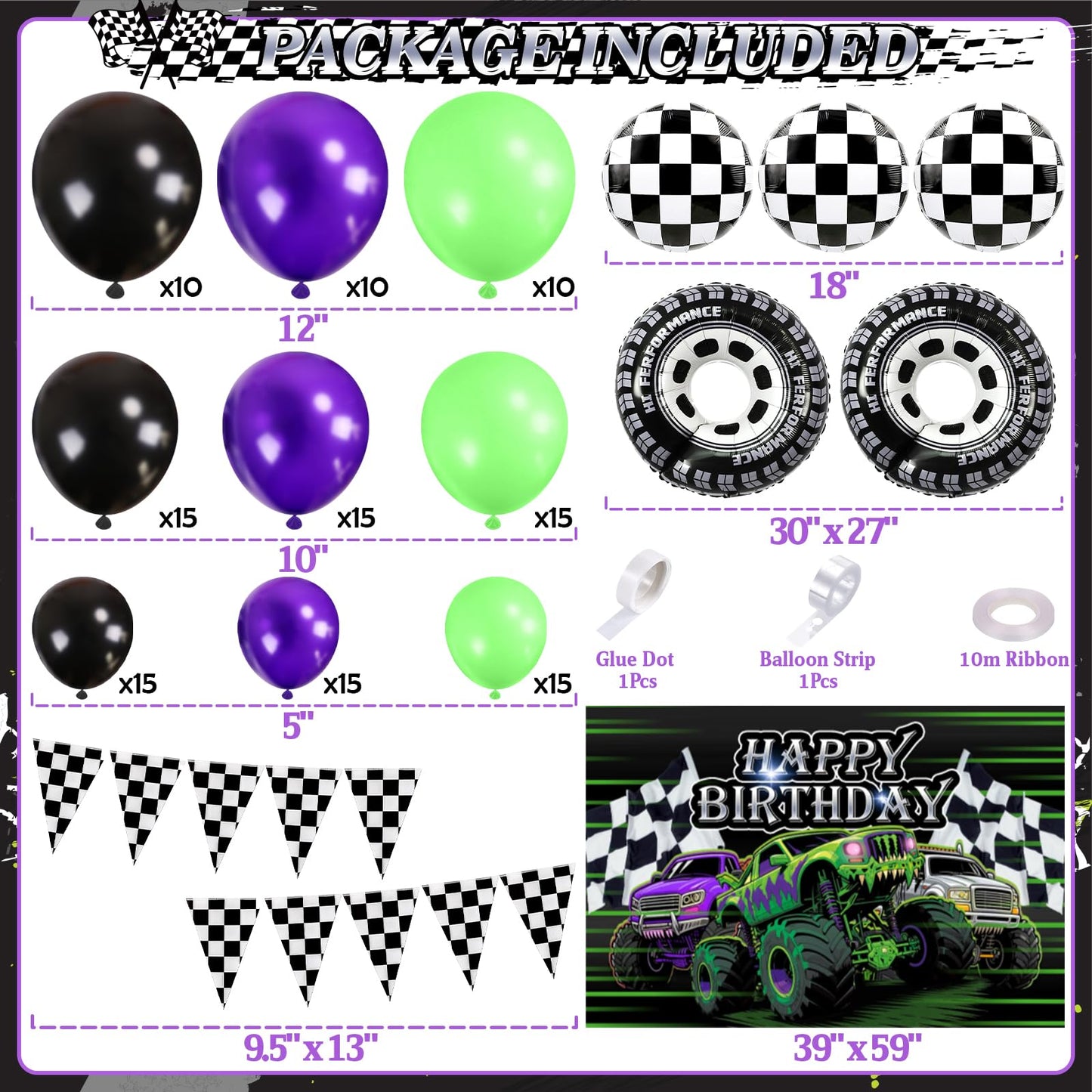 130Pcs Monster Truck Birthday Decorations for Boys Truck Theme Balloon Garland Arch Kit with Backdrop Triangle Banner Black Green Purple Wheel Foil Balloon Kids Monster Truck Party Decor Supplies