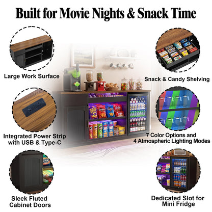 GDLF Snack Bar Cabinet with Fridge Space, 70.1" Snack Organizer with Storage and Candy Display Shelf, Coffee Station for Home Theater or Game Room with LED Lights, Black