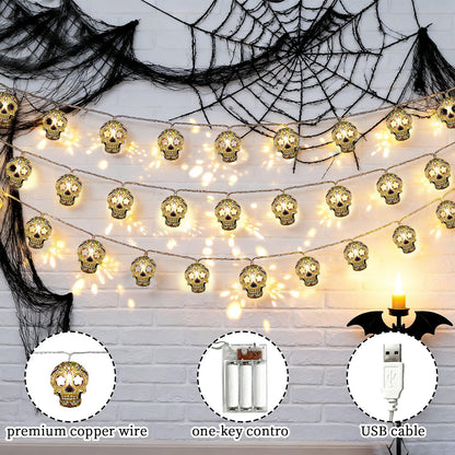 Skull String Lights, 15FT Halloween Lights 30 LED Skull Lights Warm White Halloween & Day of the Dead String Lights with Battery & USB Powered 2 Lighting Modes IP42 Waterproof for Indoor Outdoor Decor