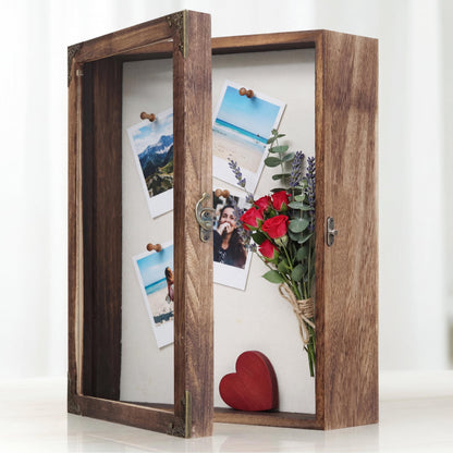 JINGJIAN 11x14 Shadow Box Frame Extra Deep 2.7 Inch, Solid Wood Display Case with Shatterproof Acrylic Door, Retro Lock, 10 Pins for Wedding Bouquet, Medals, Memorabilia