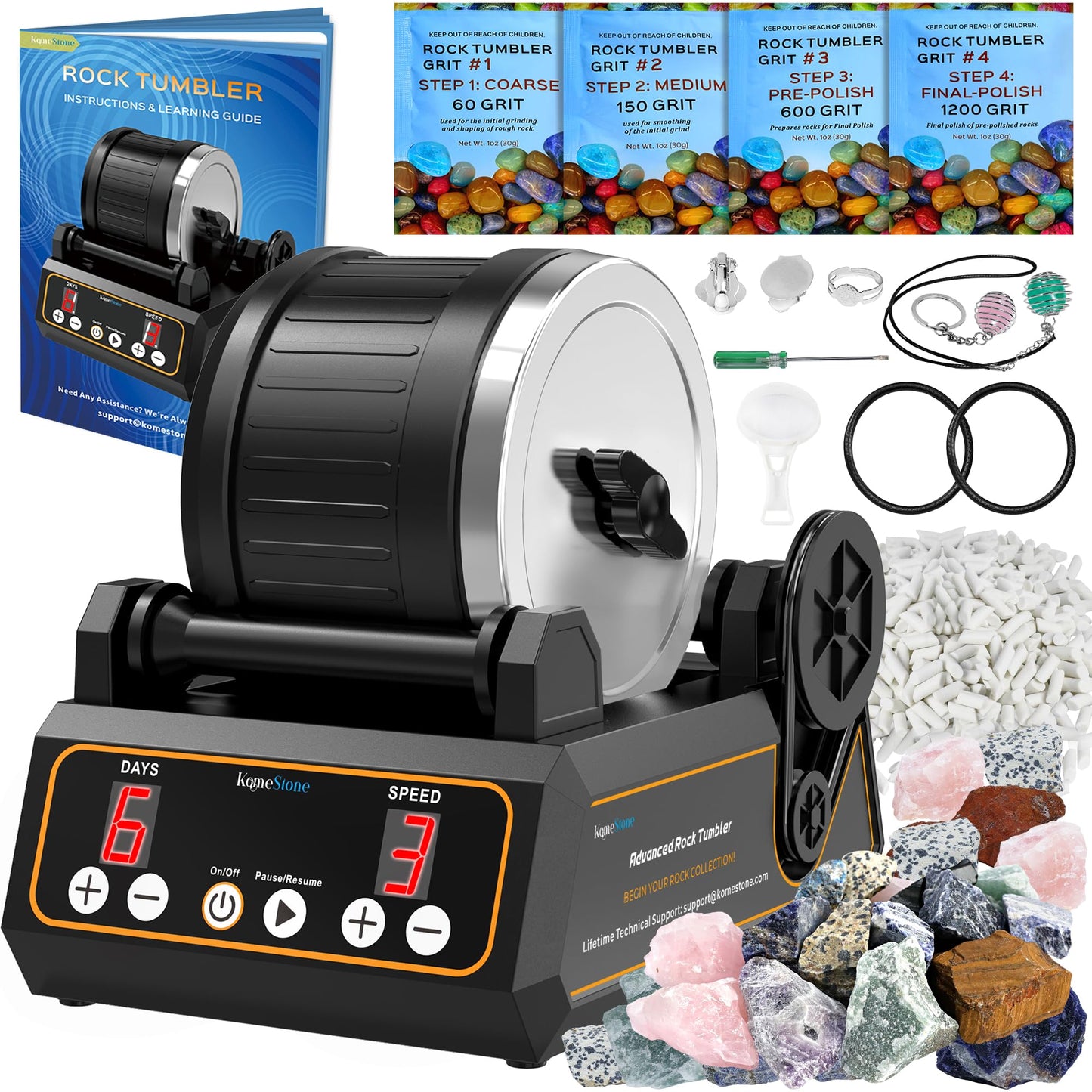 K1 Rock Tumbler Kit – Reliable Rotary Rock Polisher for Adults, Beginners & Hobbyists, 2.5LB Quiet Rubber Barrel with 3 Speeds, 9-Day Timer & Memory Function, Full Accessories Included, Ideal Gift