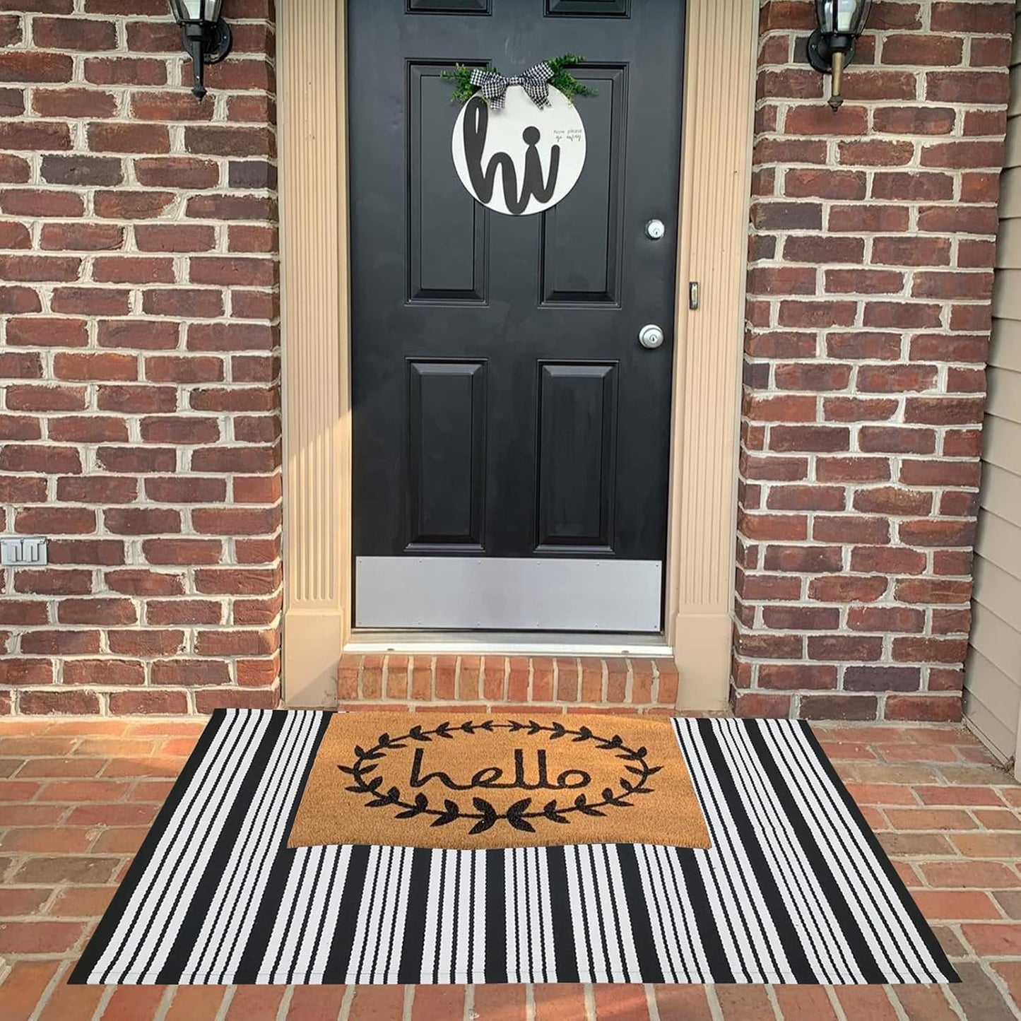 Black and White Striped Outdoor Rug, 27.5"x43" Hand-Woven Reversible Front Porch Mat for Entryway and Laundry Room