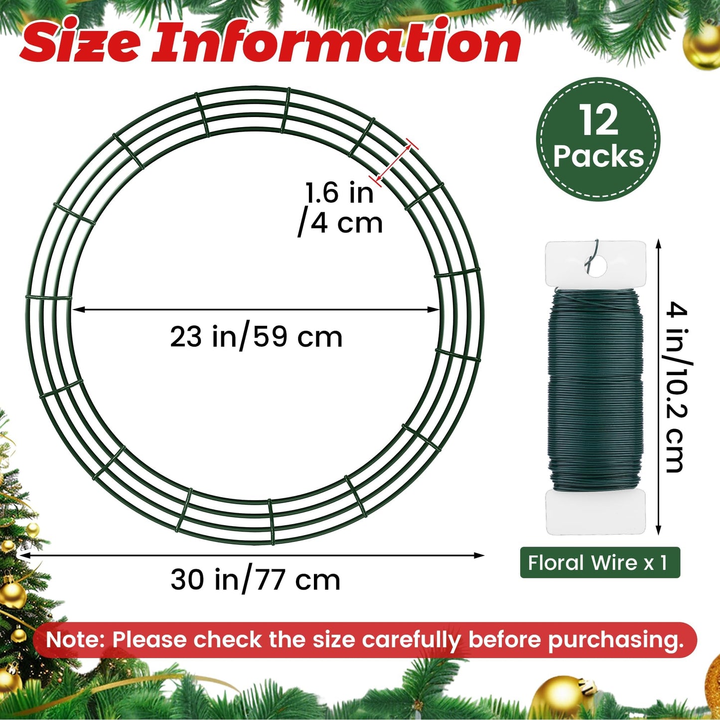 Fovths 12 Pieces Metal Christmas Wire Wreath Frame 30 Inch Green Wreath Ring with Floral Wire Form Front Door Garland Frame for Christmas Wedding Home DIY Crafts Supplies