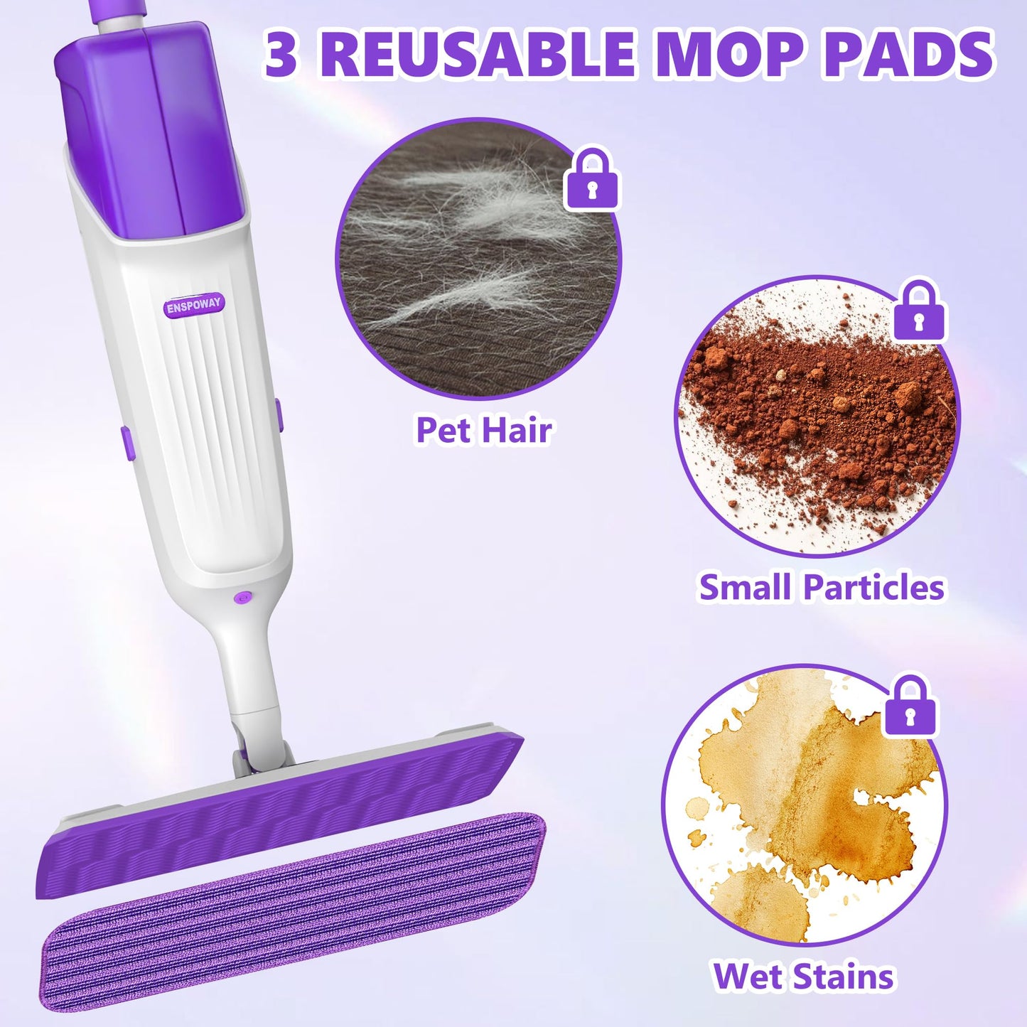 Double Bottle Spray Mop Series - Enspoway Dust Floor Mop with Washable Pads x3 for Wet Dry Home Bathroom Office Commercial for Hardwood Laminate Wood Marble Tiles Ceramic Floor Cleaning