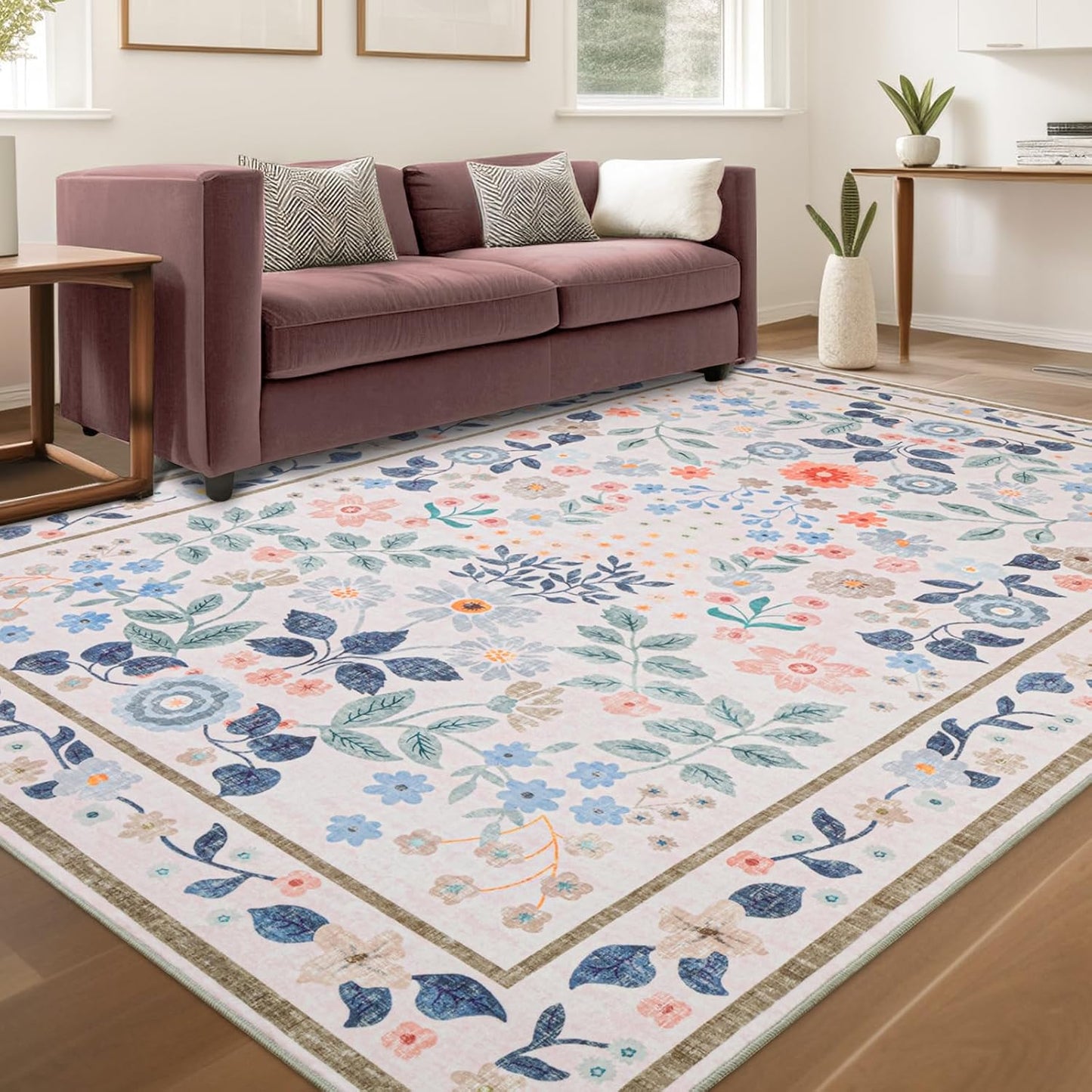 5x7 Pink,5'x7' YIHOUSE Pink Area Rug, Washable Bedroom Rug Floral Non Slip Soft, Small Colorful Throw Carpet