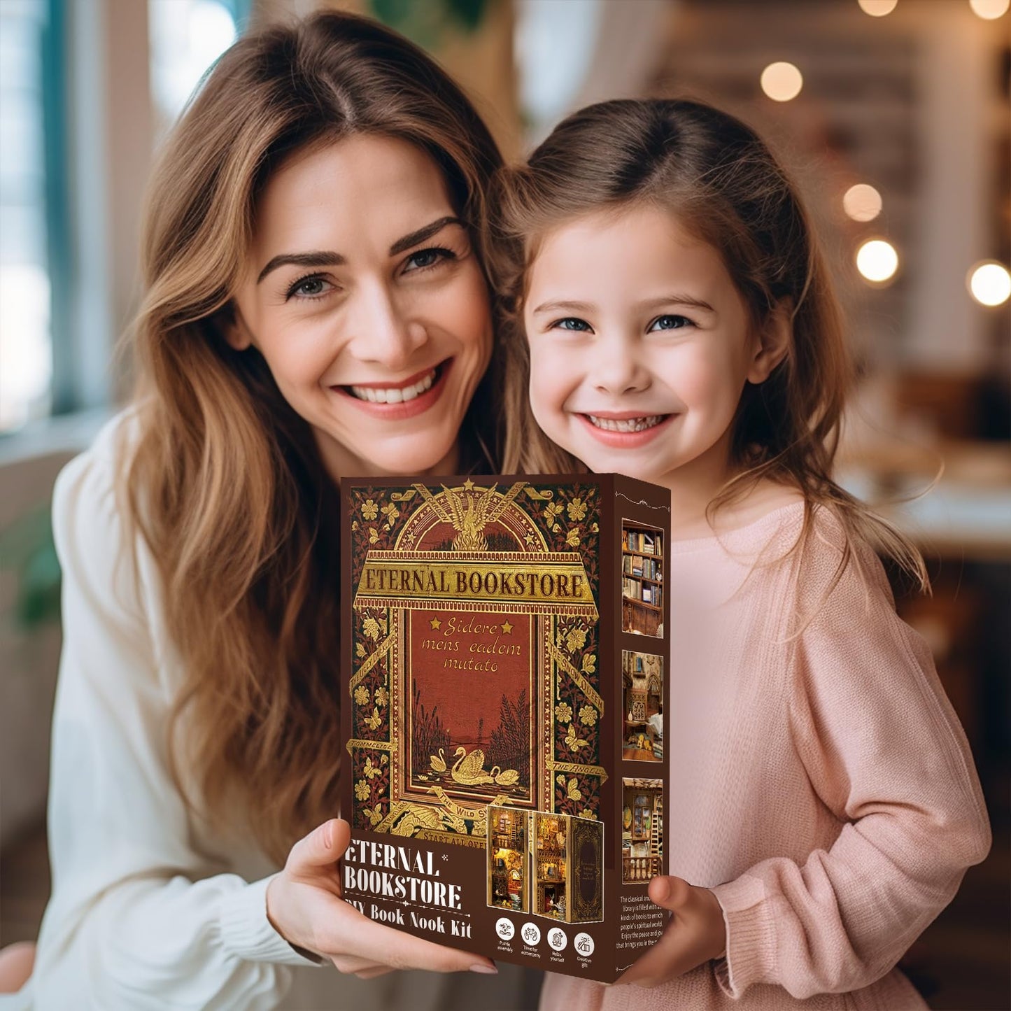 Cutefun Book Nook Kit Library, DIY Miniature Booknook Kit for Adults, 3D Wooden Puzzle Bookend Bookshelf Decor with LED Light & Dust Cover Christmas Crafts Gifts for Book Lovers (Eternal Bookstore)