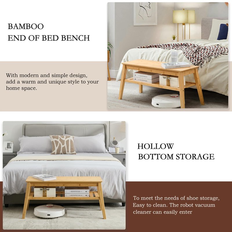 Nnewvante Bamboo Entryway Bench, 33.46" Indoor Storage Bench, Small Wood Benches for Living Room, Bedroom, Dining Room, Hallway, Outdoor Wooden Bench, Holds up to 300lbs