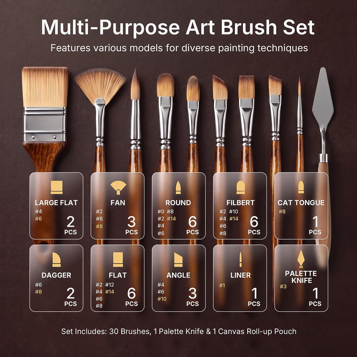 Nicpro 30pcs Paint Brush Set, Professional Paintbrushes with Paint Spatula and Cloth Roll, Craft Paint Brushes for Acrylic Painting, Oil, Watercolor, Gouache, Art Supplies for Artists and Beginners