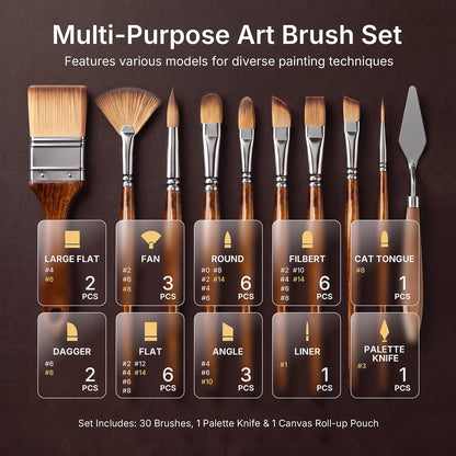 Nicpro 30pcs Paint Brush Set, Professional Paintbrushes with Paint Spatula and Cloth Roll, Craft Paint Brushes for Acrylic Painting, Oil, Watercolor, Gouache, Art Supplies for Artists and Beginners