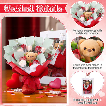 Suncalla Red Mother's Day Money Soap Flower Bouquet Kit, Handcrafted Soap Flower Money Bouquet Kit with Bear and Gift Bag, Unique Wedding, Birthday, Anniversary and Bridal Shower Gift