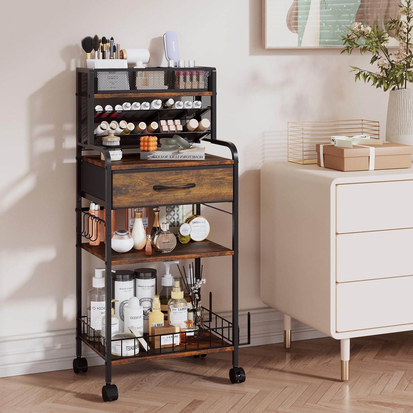 Homsorout Art cart, 3 Tier Rolling Cart - Utility Cart with Storage Drawer and Wheels, Versatile Art & Craft Organizer for Home, Office, or Studio Ideal for Storing Brushes, Paints （Brown）