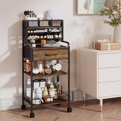 Homsorout Art cart, 3 Tier Rolling Cart - Utility Cart with Storage Drawer and Wheels, Versatile Art & Craft Organizer for Home, Office, or Studio Ideal for Storing Brushes, Paints （Brown）