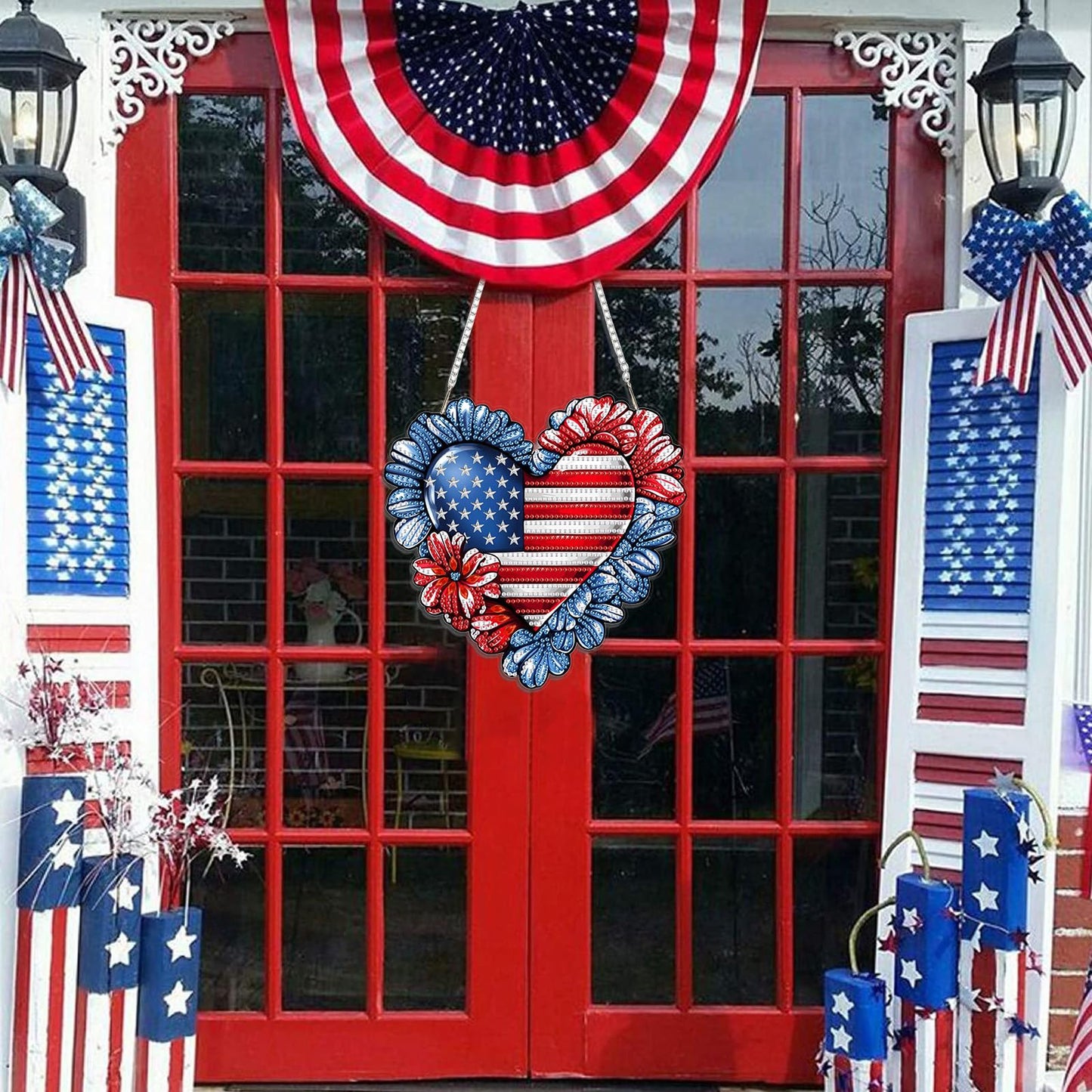 DOMROM 4th of July Patriotic Heart Diamond Art Hanging Kits, American Flag Floral Diamond Painting, Special Shaped Gem Art Suncatchers Ornament, Independence Day Heart Decor for Home Window Wall