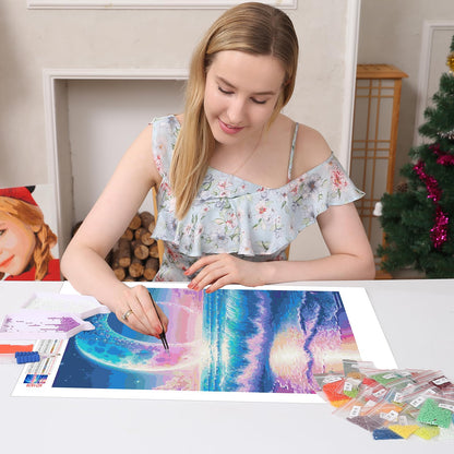 Huacan Diamond Art Kits for Adults AB Diamond Painting Kit 5D Moon Beach Picture DIY Round Drill Gem Art Kit for Beginner Crystal Aurora Diamond Handicraft Gift Home Decor 11.81 * 15.74 inch