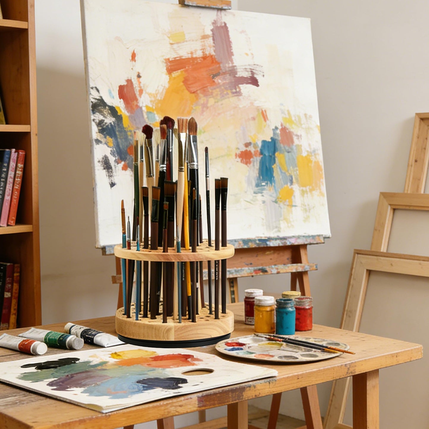 360 Rotating Paint Brush Holder | 52 Holes Hardwood Organizer for Artists Brushes | Desktop Storage Stand for Art Supplies | Craft Tools, Makeup Brush and Calligraphy Pens Rack | Natural Wood Display