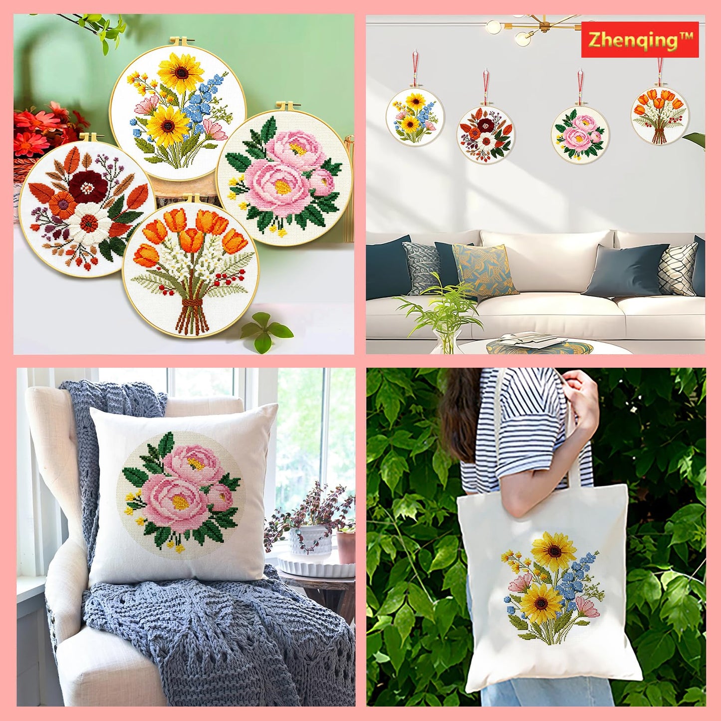 Zhenqing 4-Piece Floral Cross Stitch Kit for Beginners - Complete Set with Pre-Printed 11CT 24x24cm Fabric, Hoop, Threads & Tools (Sunflower, Peony, Tulip Designs)(70362)